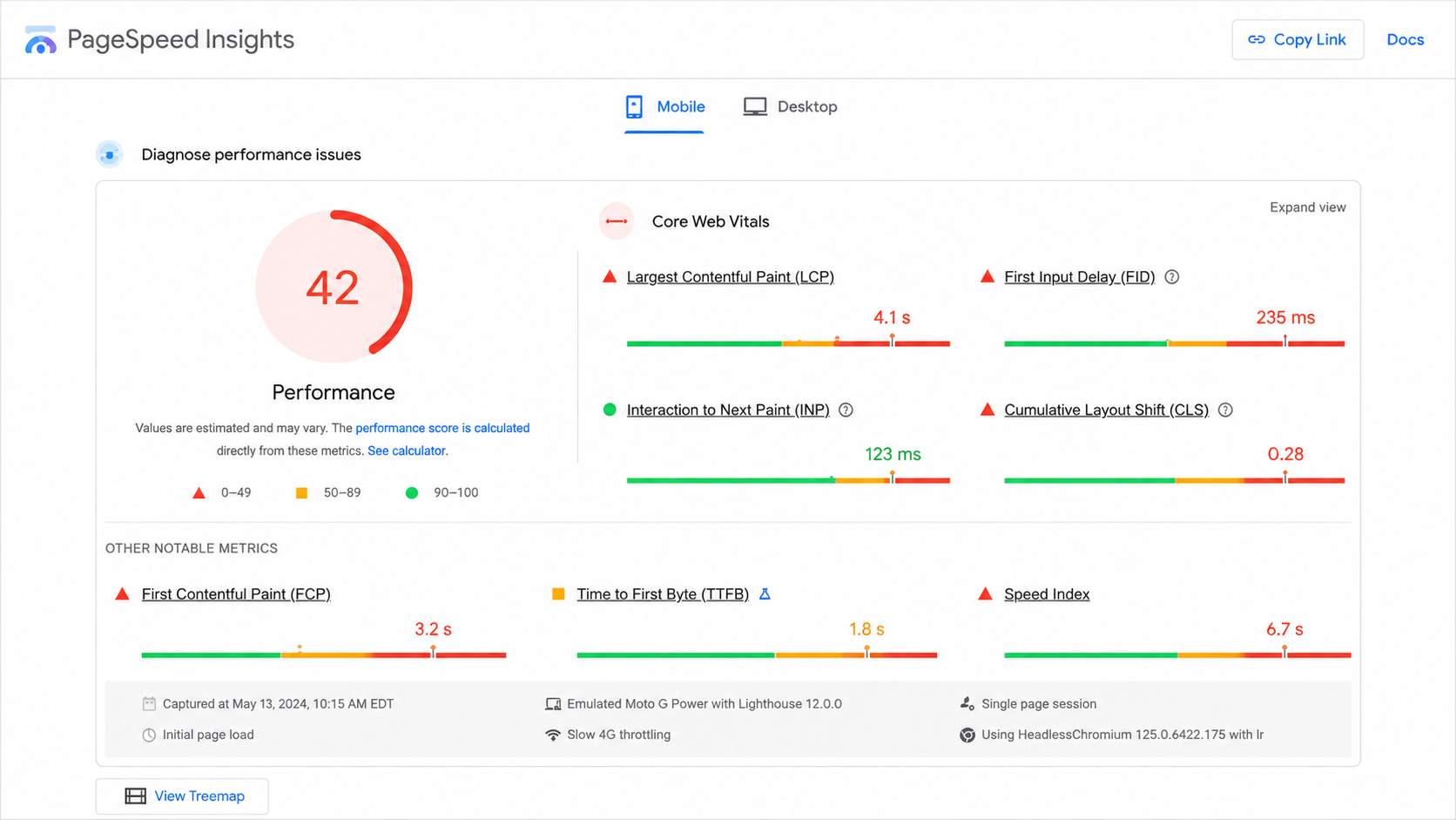 PageSpeed report